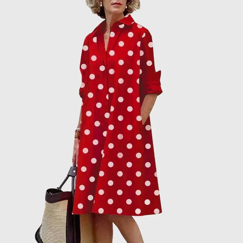 Shirt Dress Midi Length Collared Button Front Pockets - Red/White