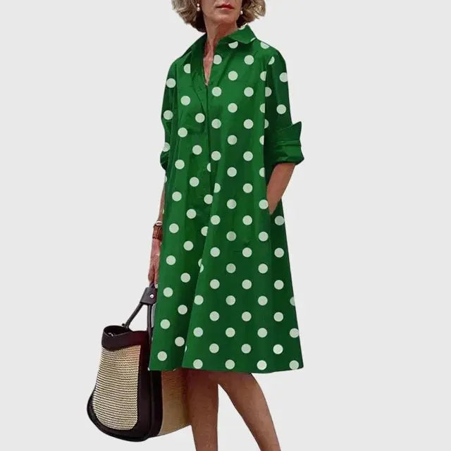 Shirt Dress Midi Length Collared Button Front Pockets - Green