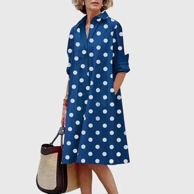 Shirt Dress Midi Length Collared Button Front Pockets - Blue