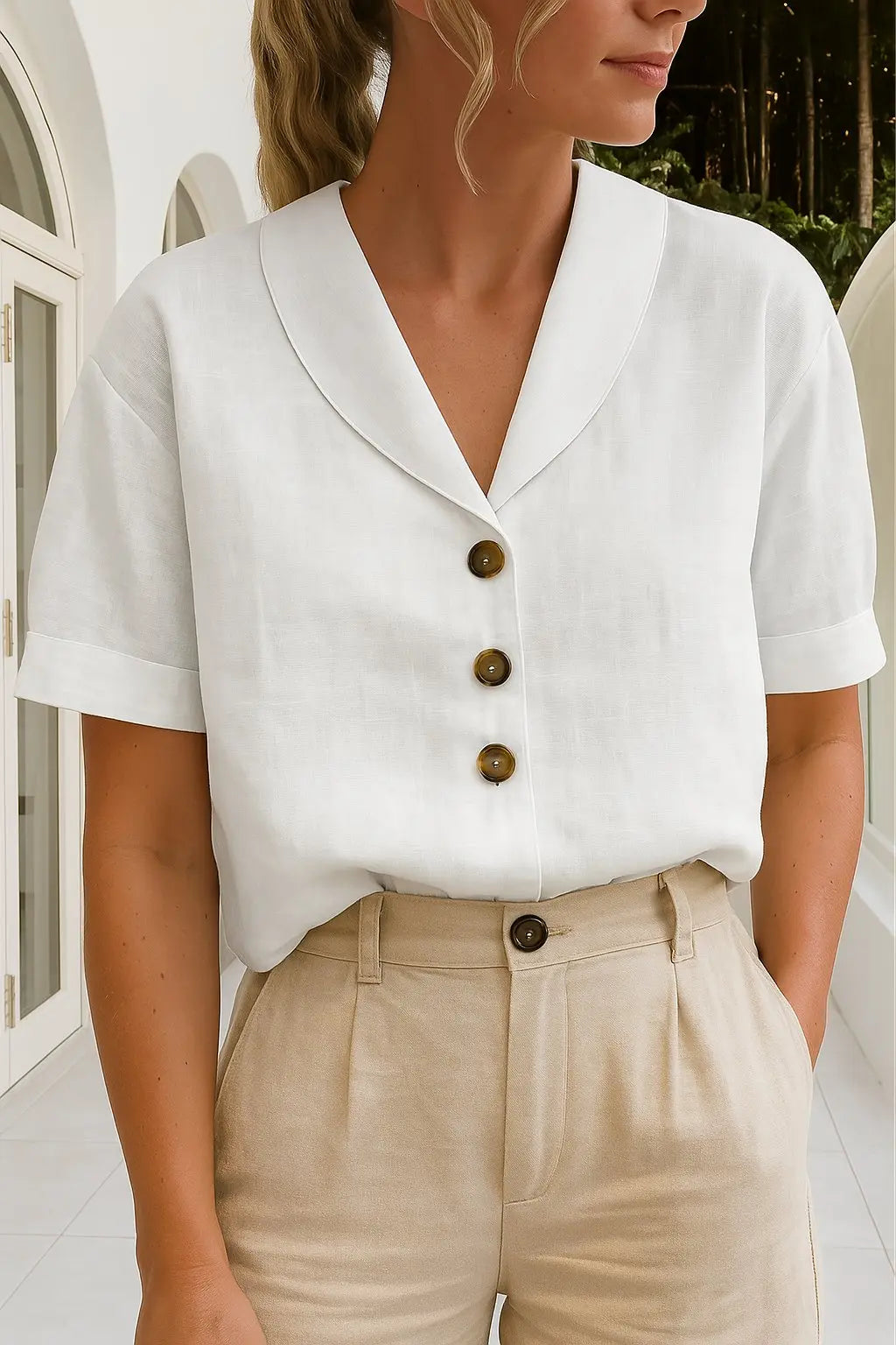 Short Sleeve Blouse Button Front V-Neck Collar Work Top - White