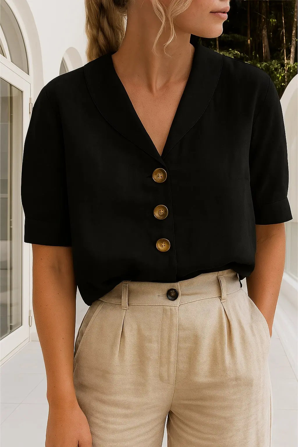 Short Sleeve Blouse Button Front V-Neck Collar Work Top - Black