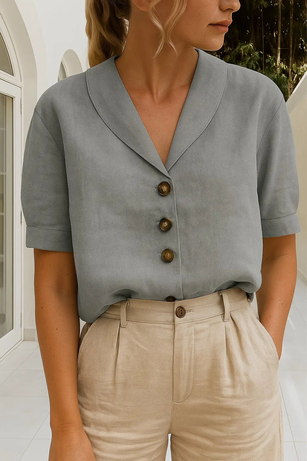 Short Sleeve Blouse Button Front V-Neck Collar Work Top - Grey