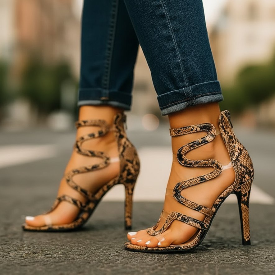 Snake Print Strappy High Heel Sandals