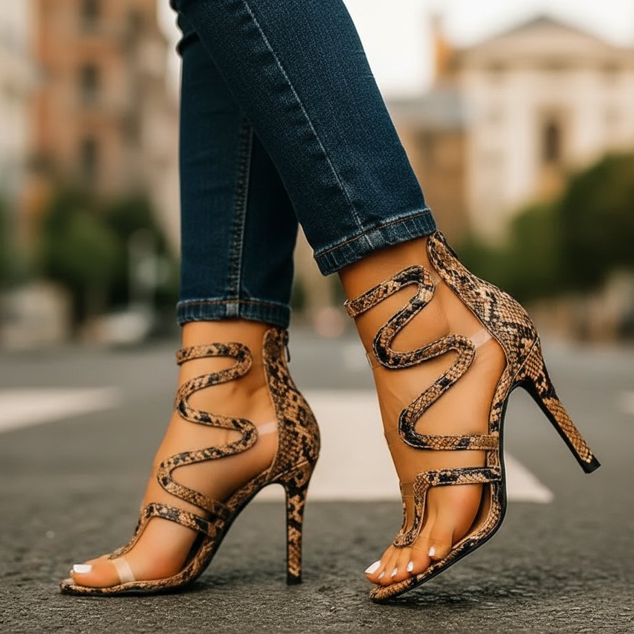 Snake Print Strappy High Heel Sandals