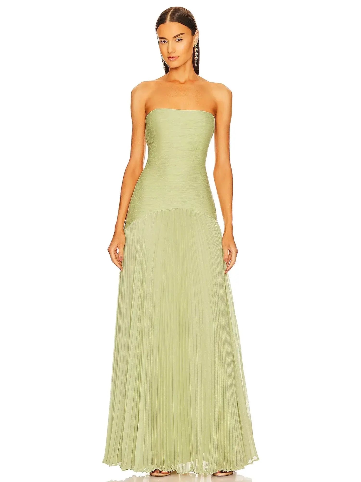 Strapless Maxi Dress Pleated Skirt Fitted Bodice Evening - Green