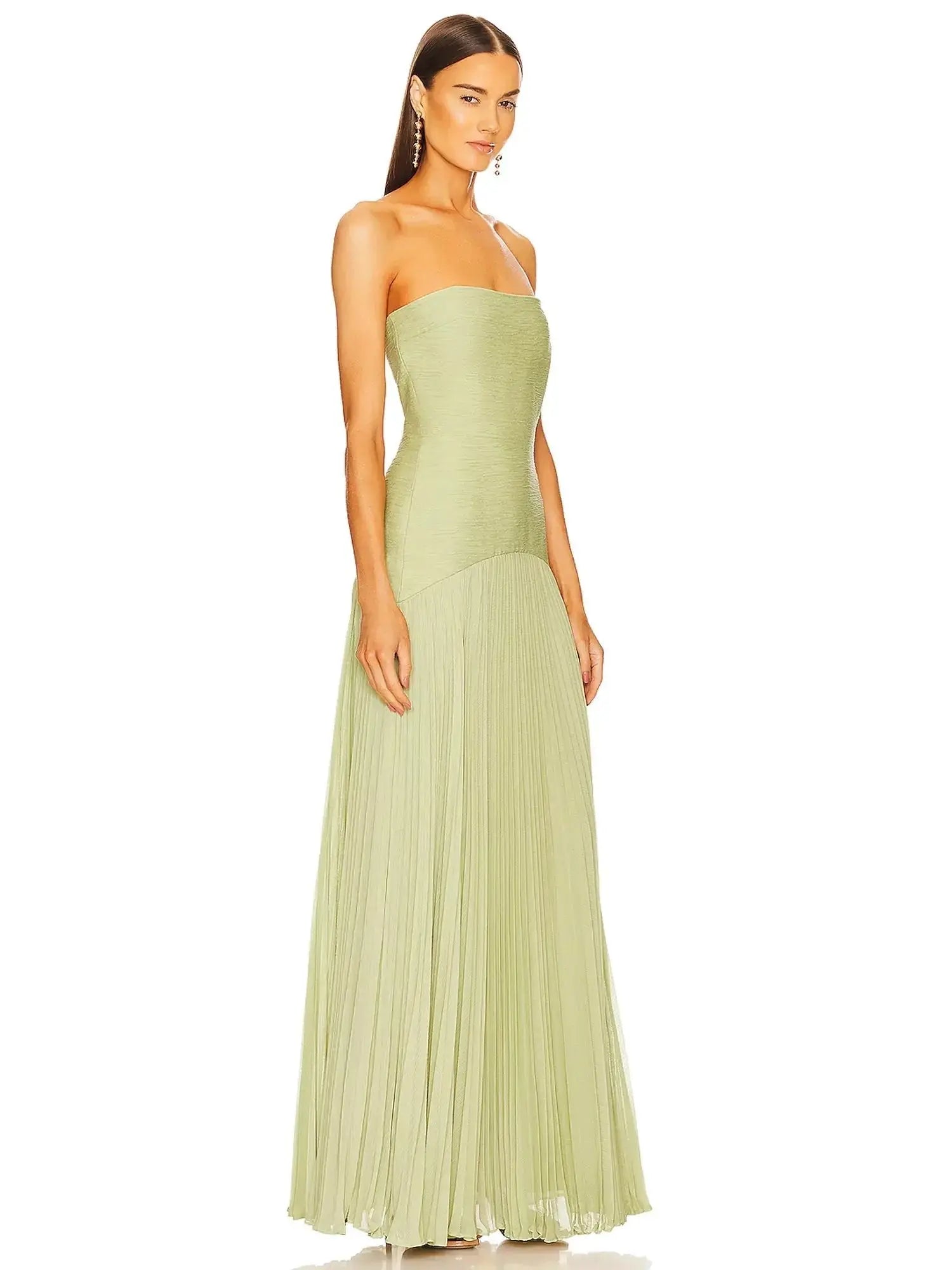 Strapless Maxi Dress Pleated Skirt Fitted Bodice Evening