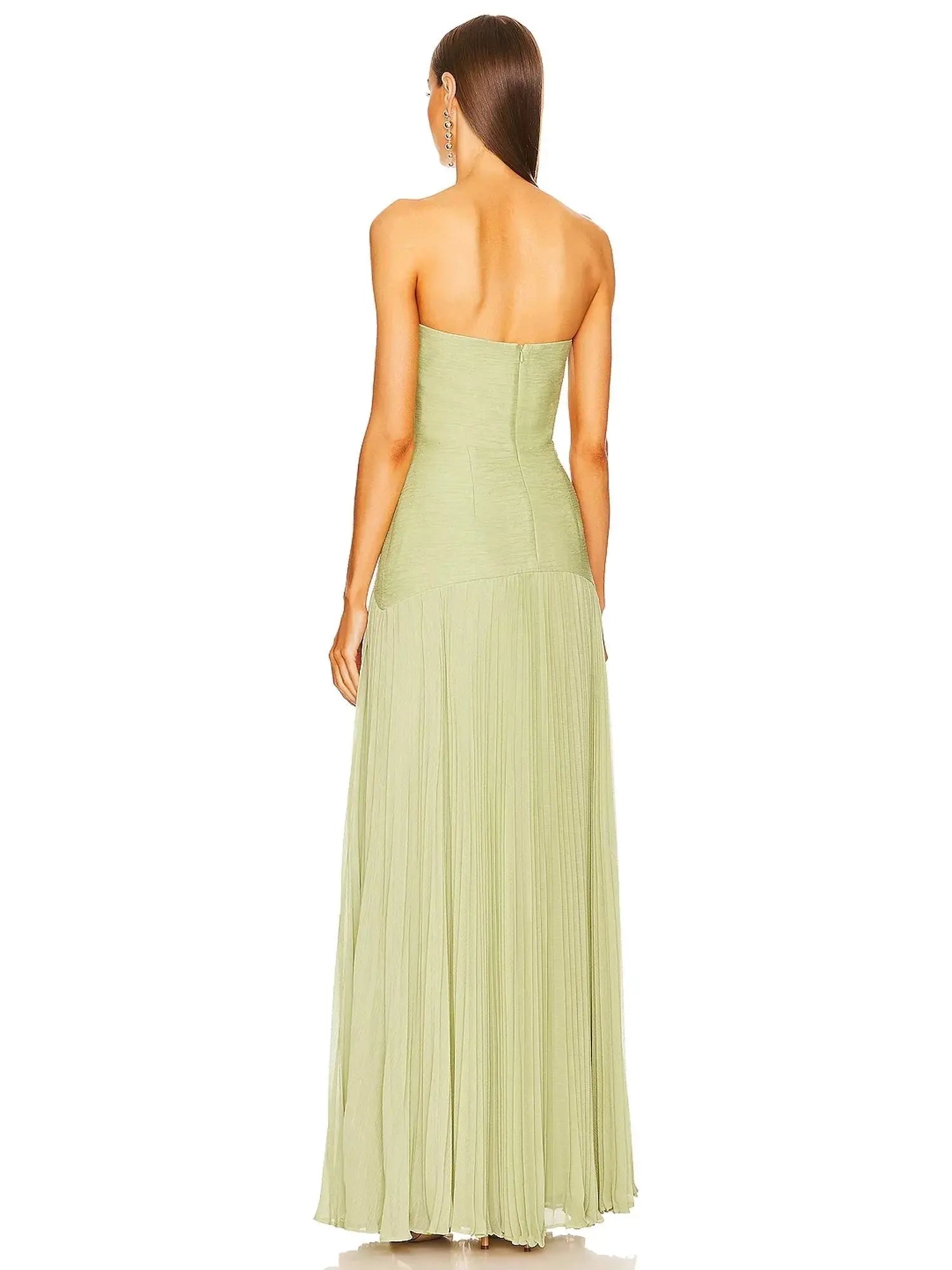 Strapless Maxi Dress Pleated Skirt Fitted Bodice Evening