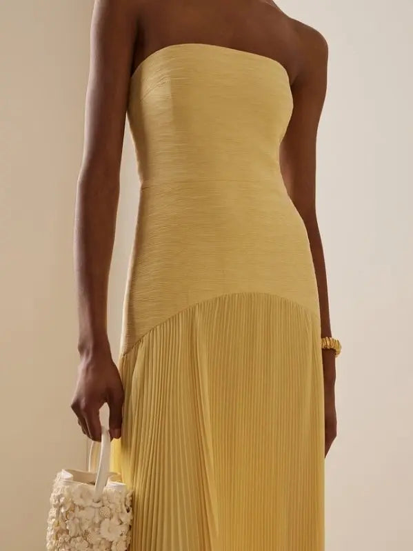 Strapless Maxi Dress Pleated Skirt Fitted Bodice Evening
