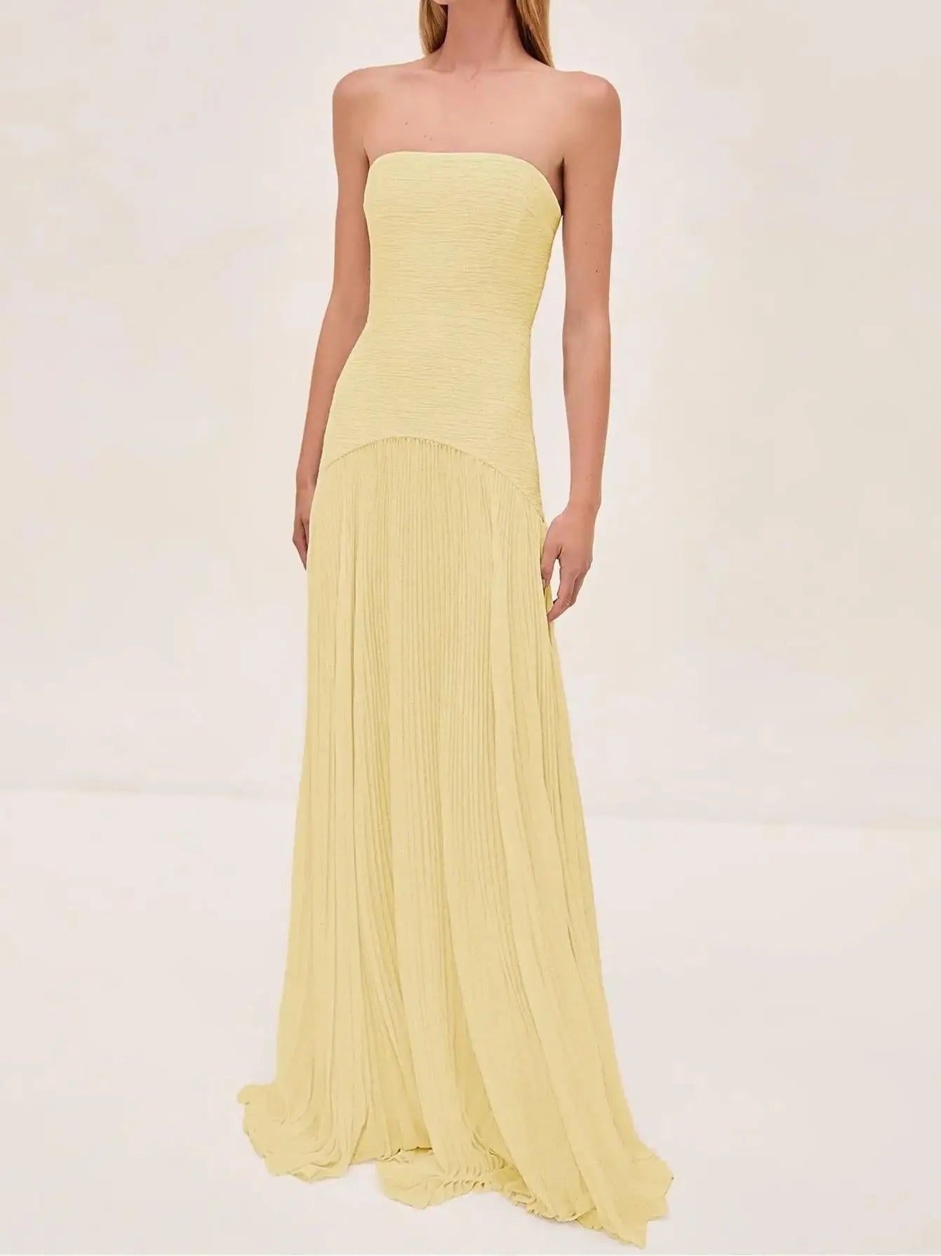 Strapless Maxi Dress Pleated Skirt Fitted Bodice Evening - Yellow
