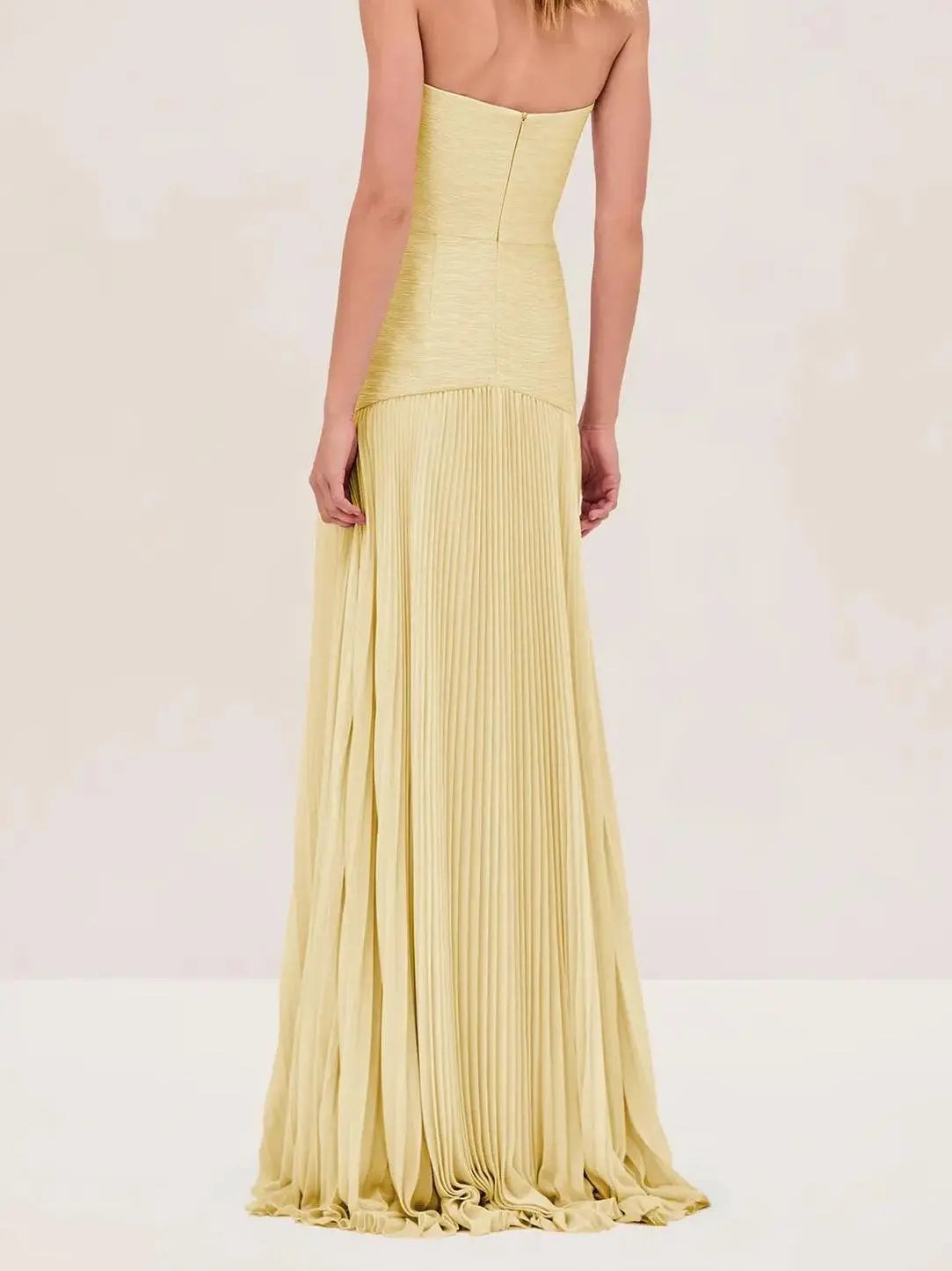 Strapless Maxi Dress Pleated Skirt Fitted Bodice Evening
