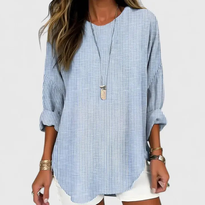 Striped Blouse Long Sleeve Crew Neck Relaxed Fit - Blue