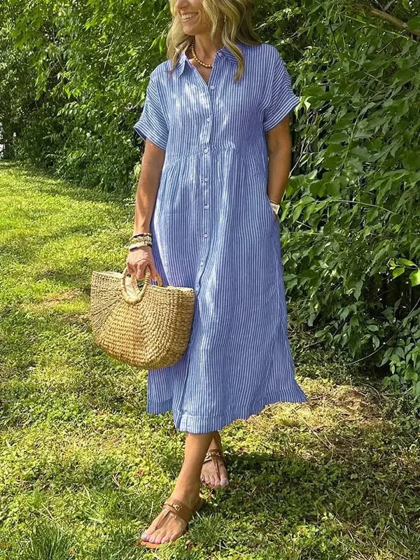 Striped Midi Shirt Dress Button Up Collar Long Sleeve - Blue