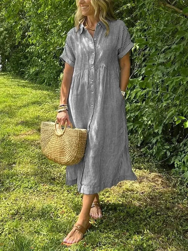 Striped Midi Shirt Dress Button Up Collar Long Sleeve - Gray