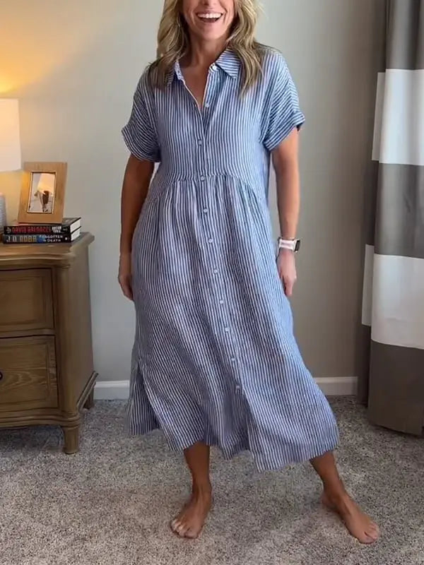 Striped Midi Shirt Dress Button Up Collar Long Sleeve