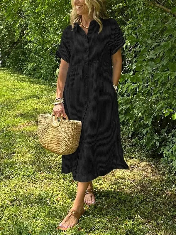 Striped Midi Shirt Dress Button Up Collar Long Sleeve - Black
