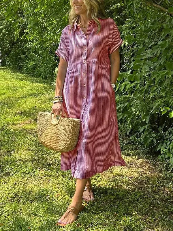 Striped Midi Shirt Dress Button Up Collar Long Sleeve - Red