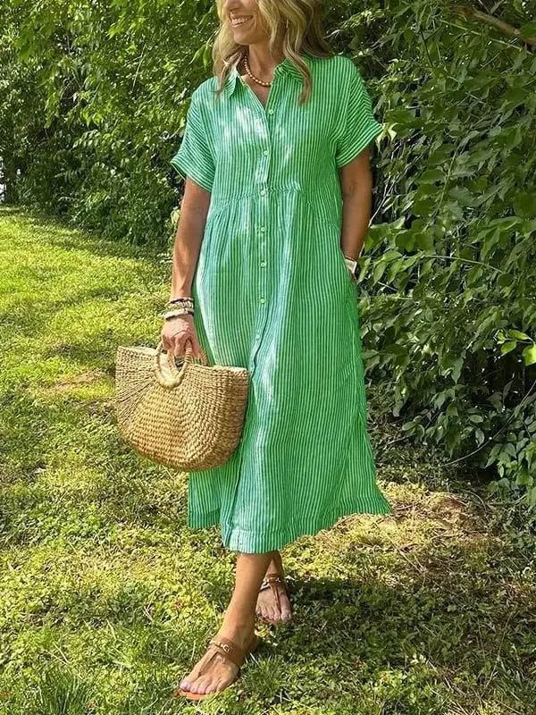 Striped Midi Shirt Dress Button Up Collar Long Sleeve - Green