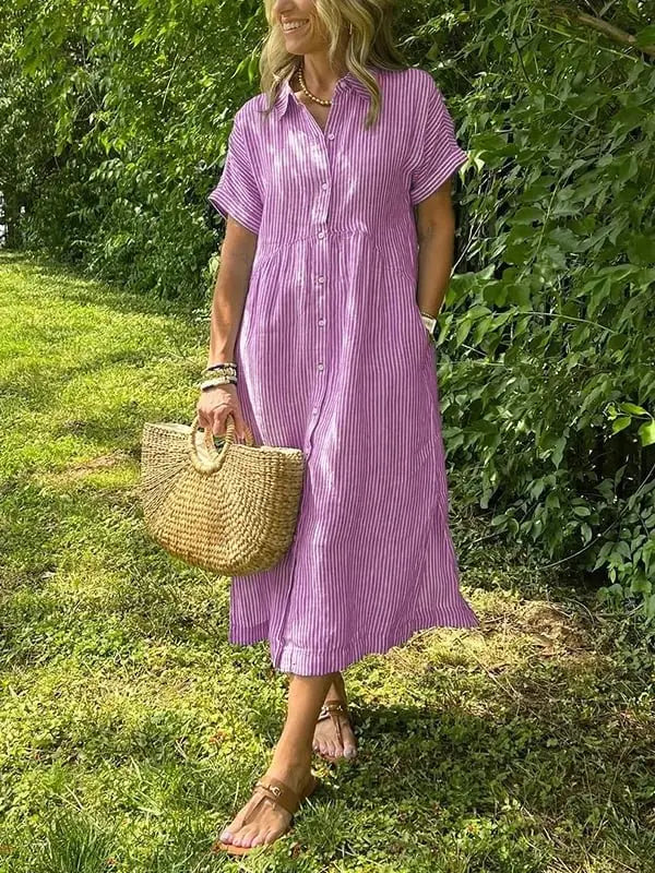 Striped Midi Shirt Dress Button Up Collar Long Sleeve - Pink