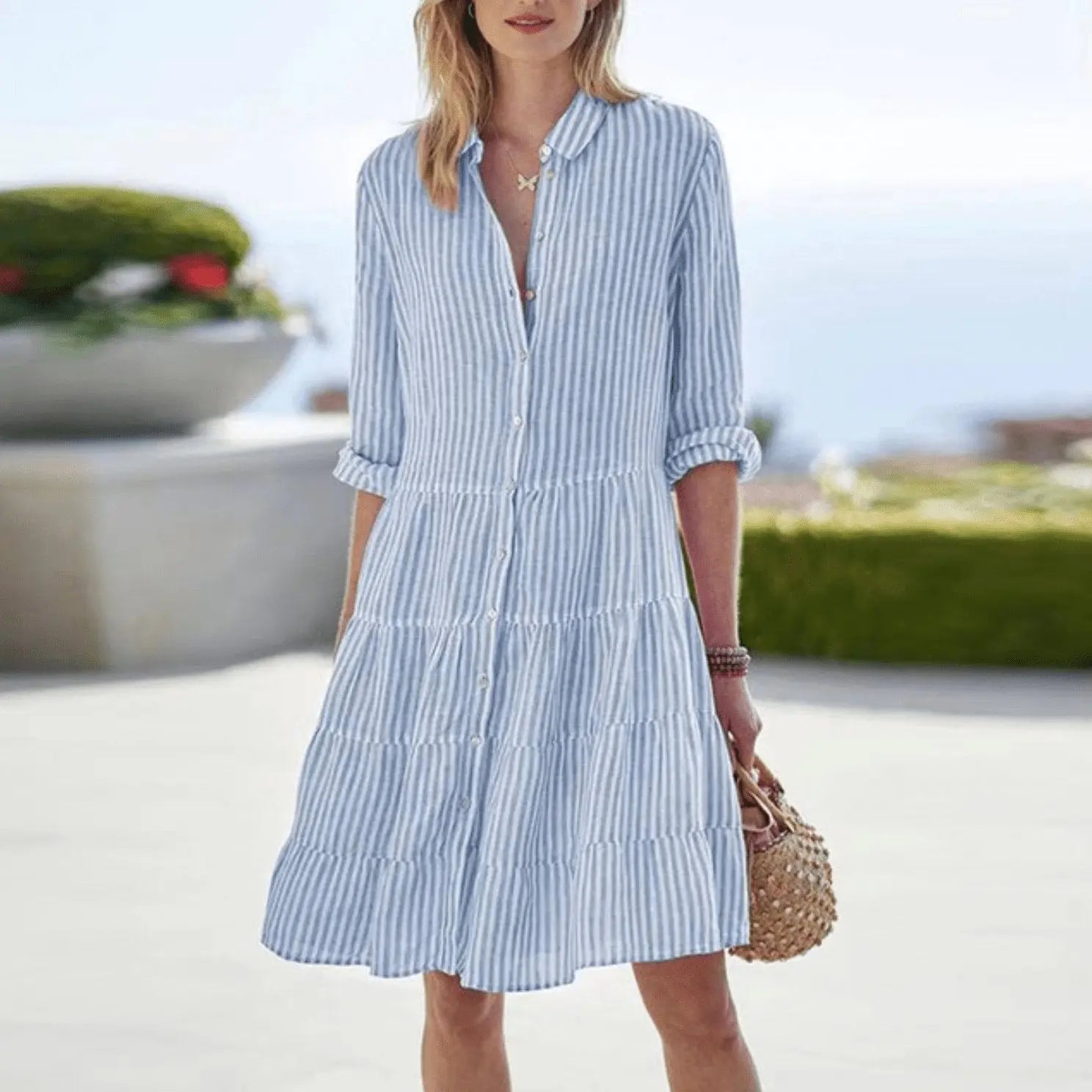 Striped Shirt Dress A-Line Button Front Long Sleeve - Blue