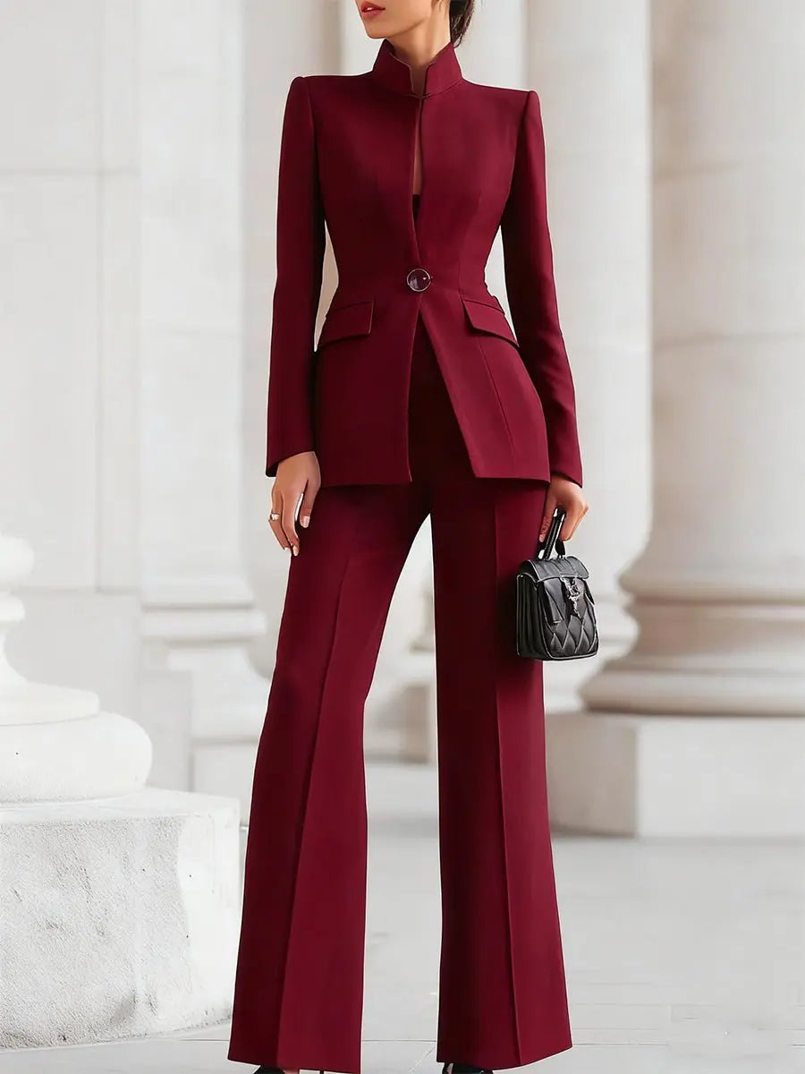 Tailored Blazer Trouser Suit Set Structured Professional - Bordeaux Red