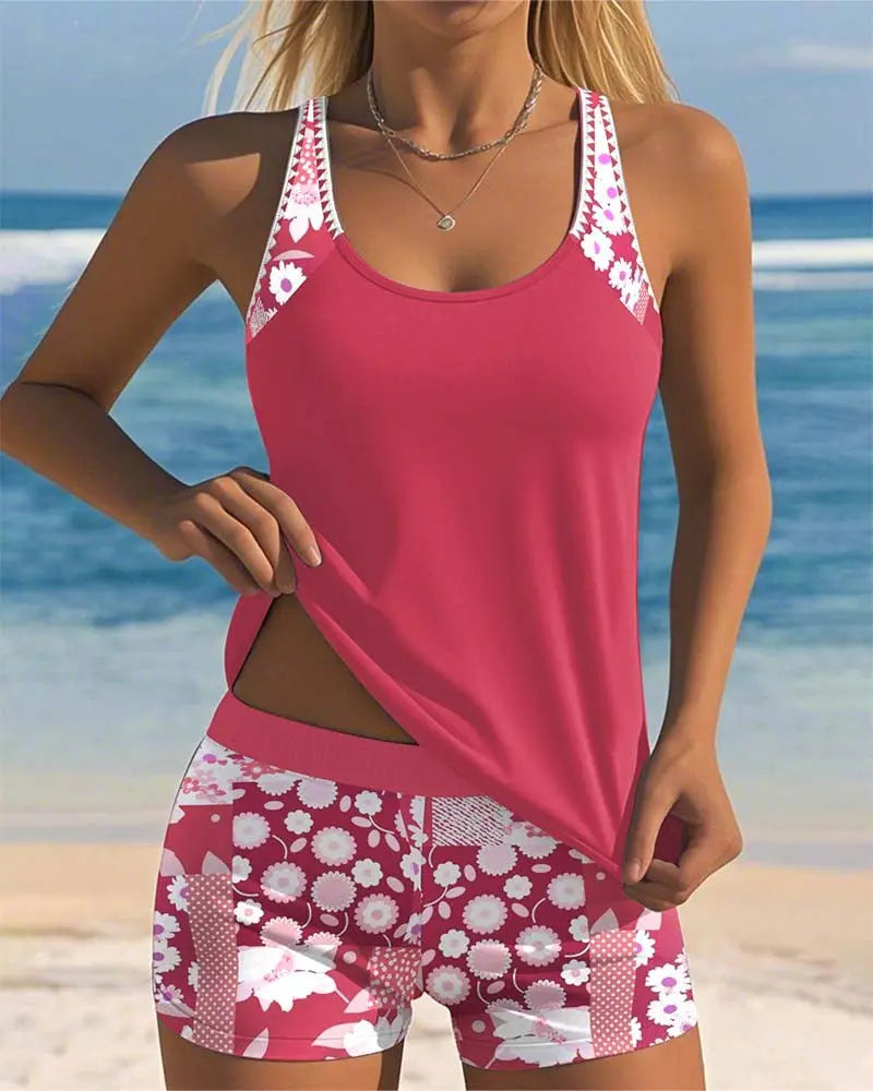 Tankini Two Piece Swimsuit with Floral Shorts Coverage - Pink