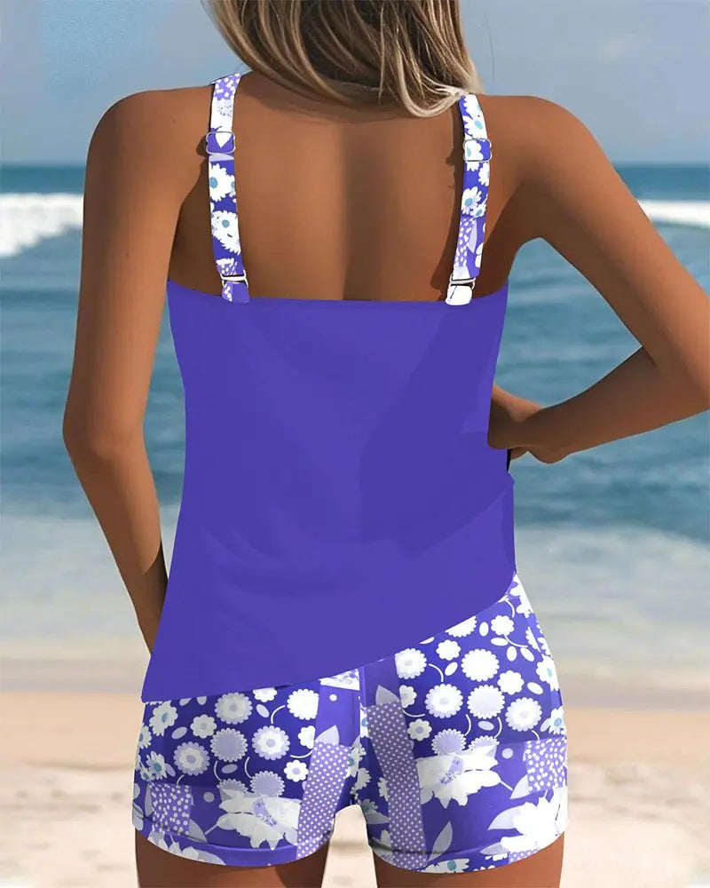 Tankini Two Piece Swimsuit with Floral Shorts Coverage
