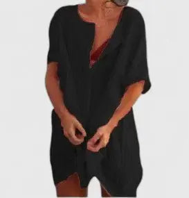 Tunic Dress V-Neck Relaxed Fit Cotton Linen Summer - Black