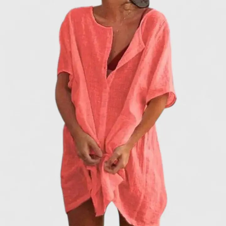 Tunic Dress V-Neck Relaxed Fit Cotton Linen Summer - Red