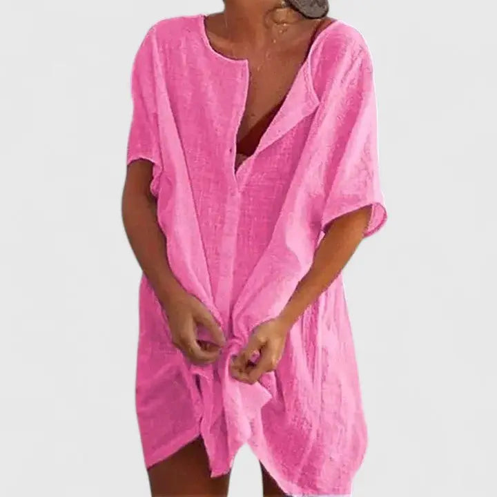 Tunic Dress V-Neck Relaxed Fit Cotton Linen Summer - Pink