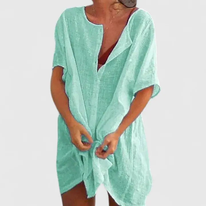 Tunic Dress V-Neck Relaxed Fit Cotton Linen Summer - Light Green