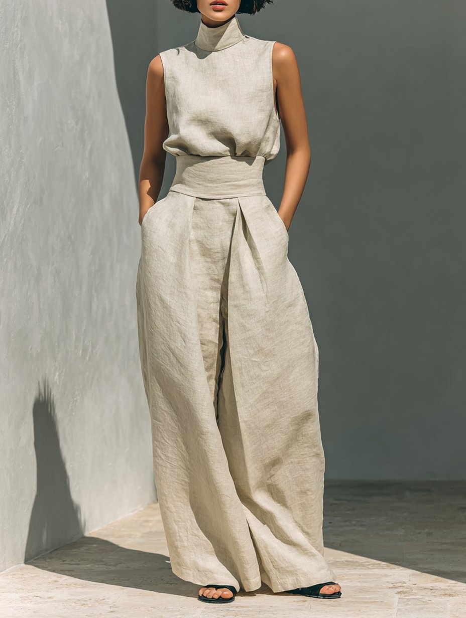Two Piece Co-ord Set High Neck Sleeveless Top Wide Leg - Khaki