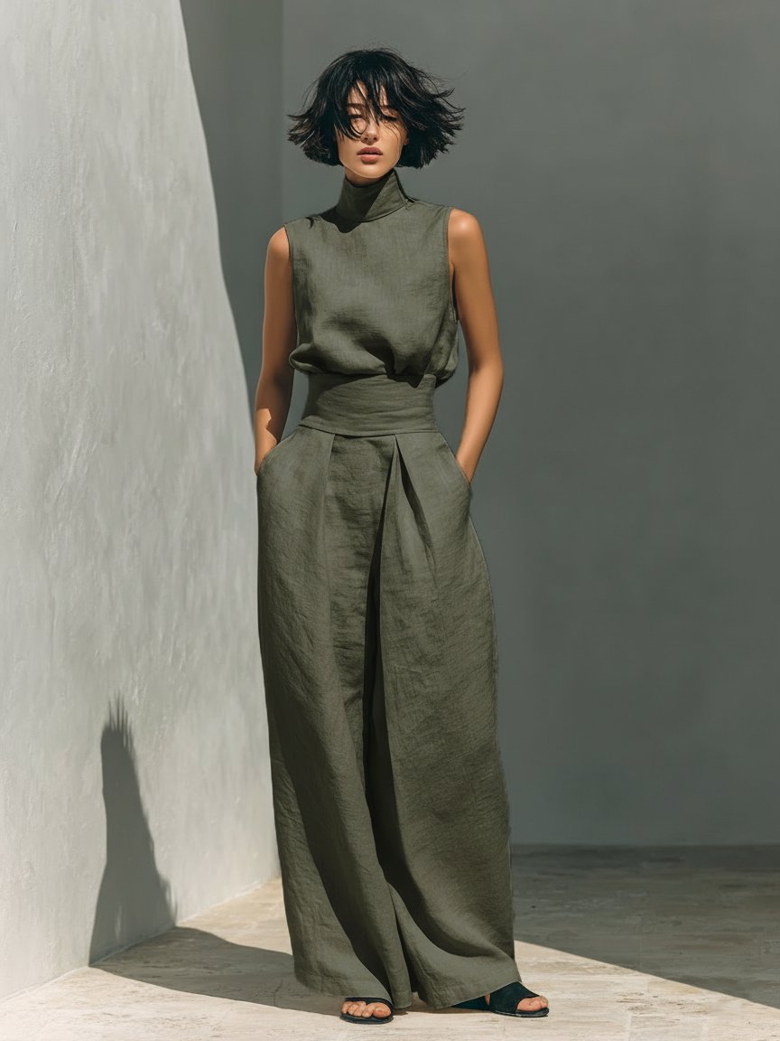 Two Piece Co-ord Set High Neck Sleeveless Top Wide Leg - Militärgrün