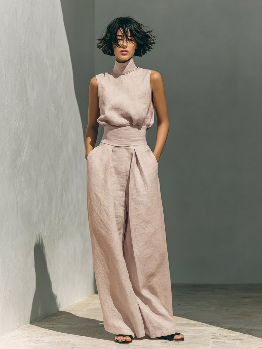 Two Piece Co-ord Set High Neck Sleeveless Top Wide Leg - Hellrosa