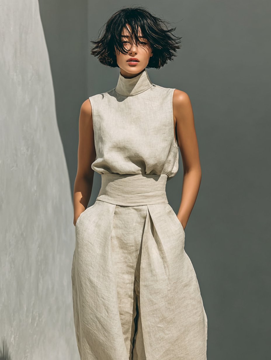 Two Piece Co-ord Set High Neck Sleeveless Top Wide Leg