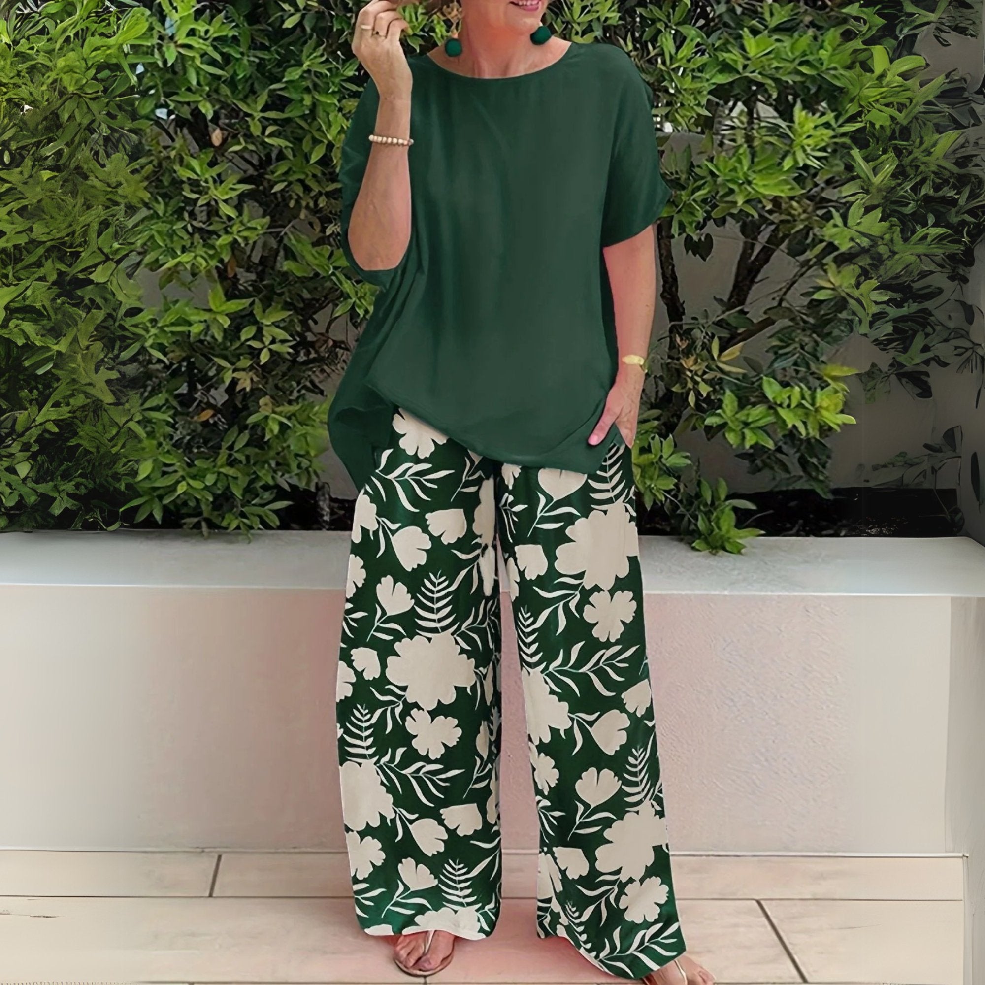 Two Piece Floral Set Wide Leg Trousers Relaxed Top - Forest Green