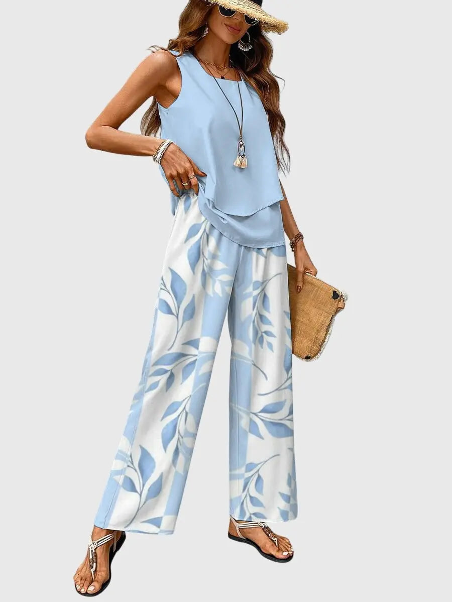 Two-Piece Layered Top Wide Leg Trousers Set Summer