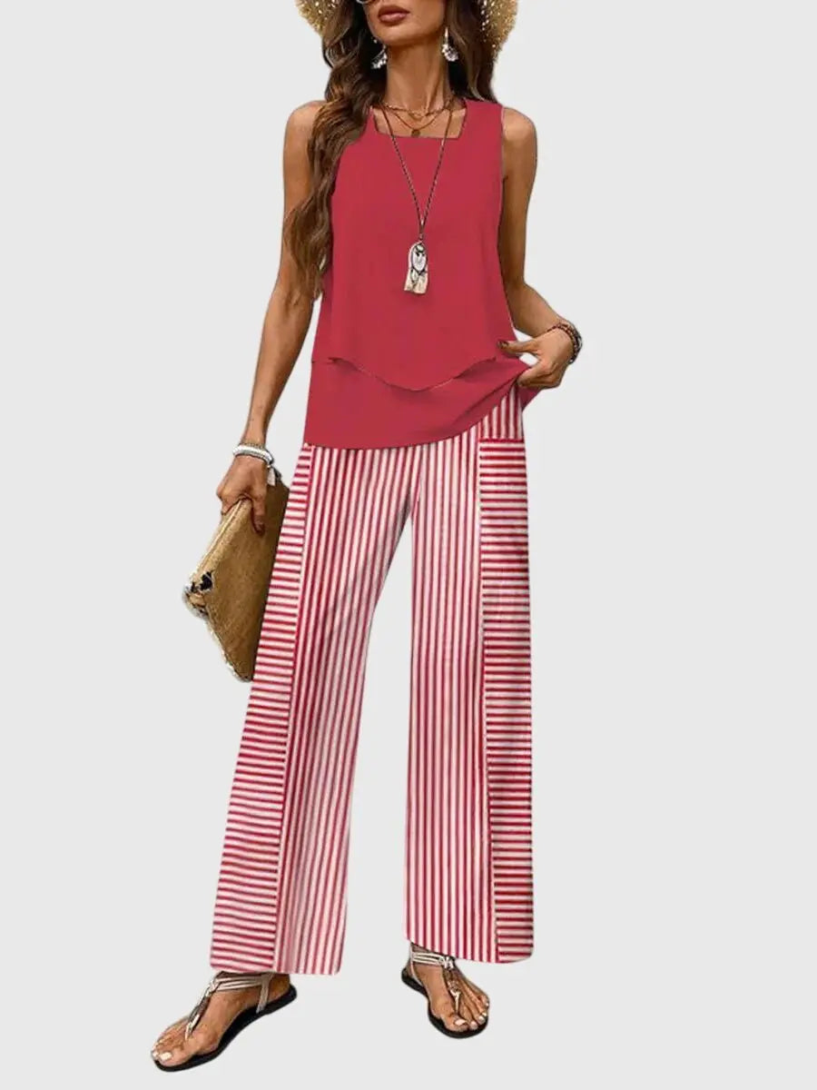 Two-Piece Layered Top Wide Leg Trousers Set Summer - Red