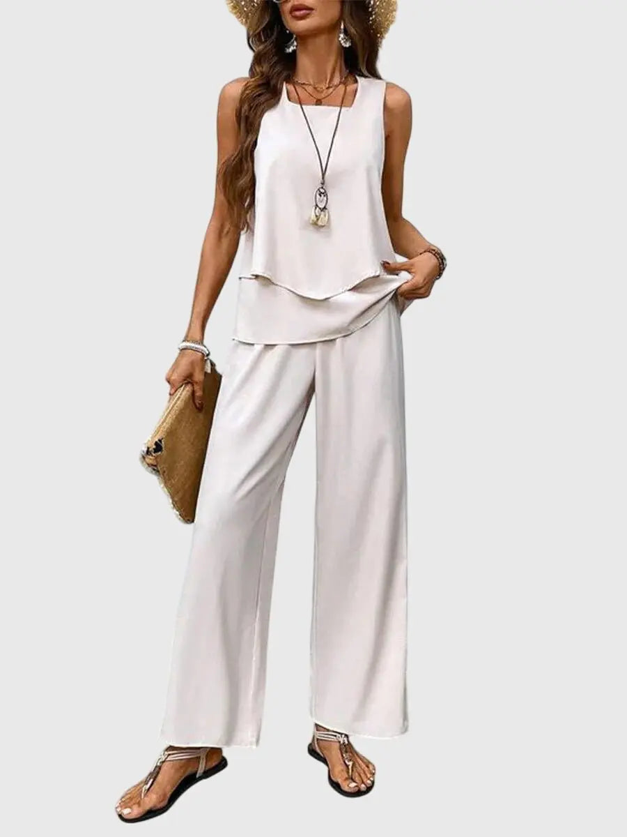 Two-Piece Layered Top Wide Leg Trousers Set Summer - White
