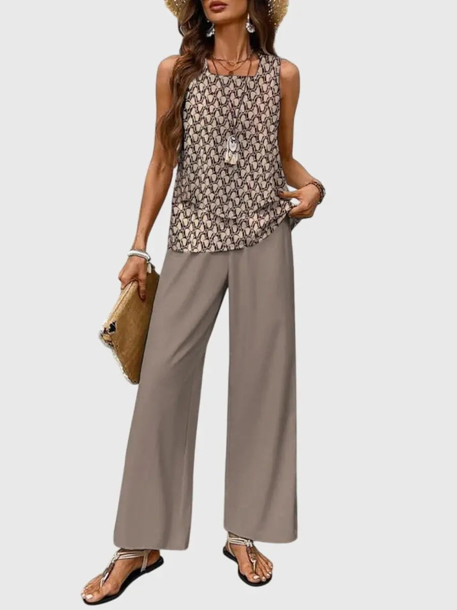 Two-Piece Layered Top Wide Leg Trousers Set Summer - Khaki