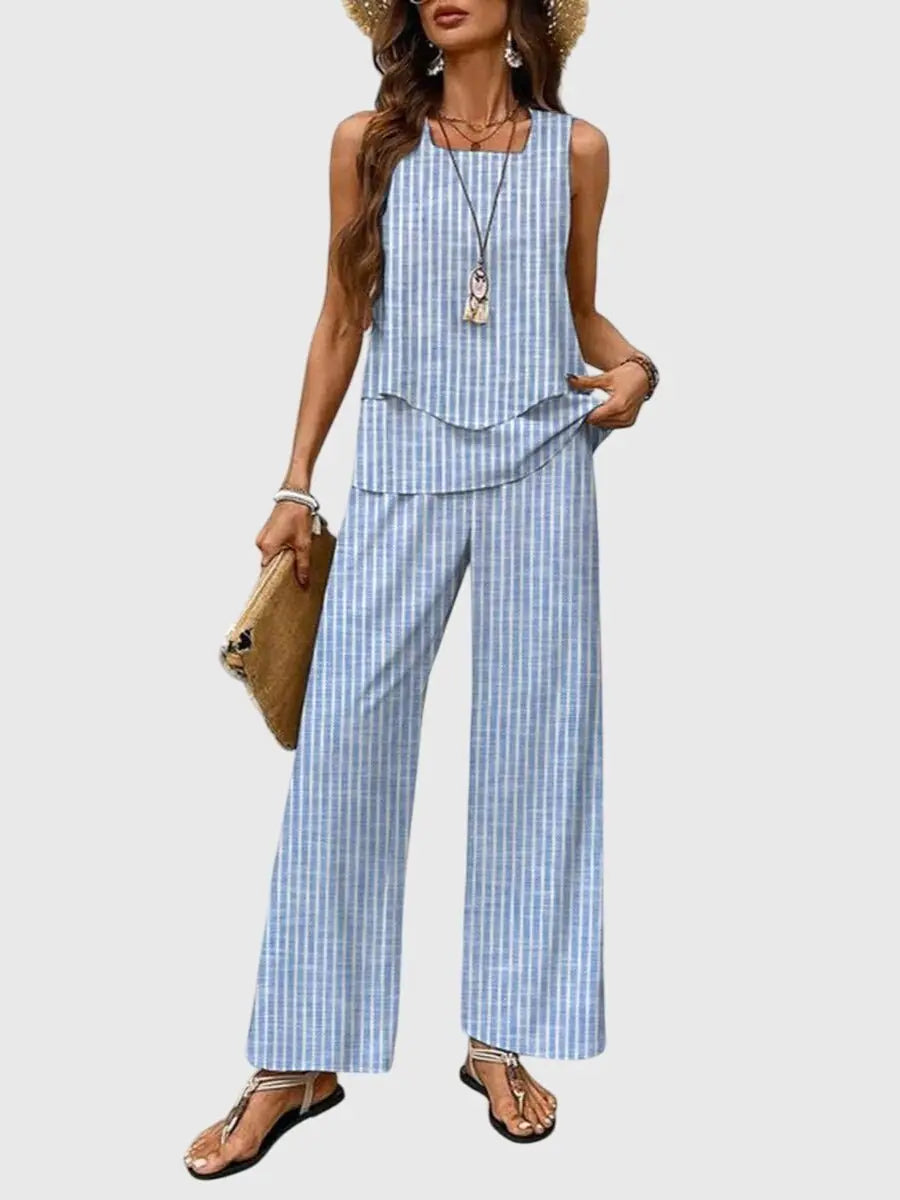 Two-Piece Layered Top Wide Leg Trousers Set Summer - Blue Stripes