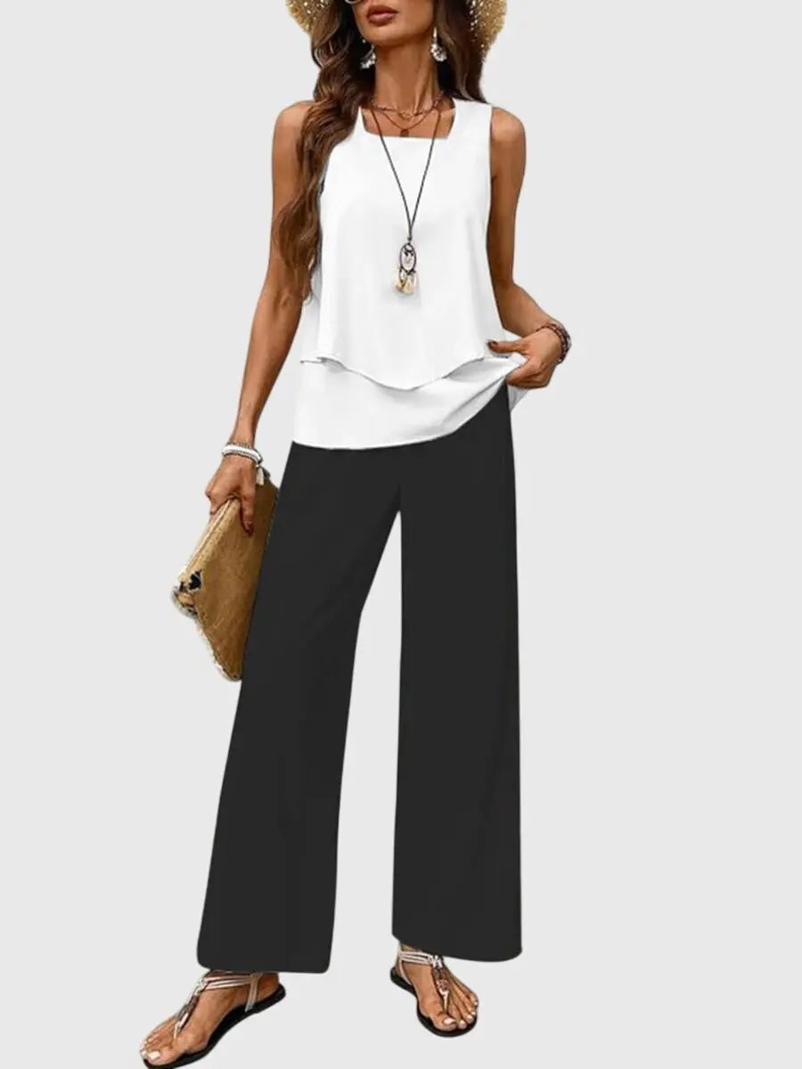 Two-Piece Layered Top Wide Leg Trousers Set Summer - Black