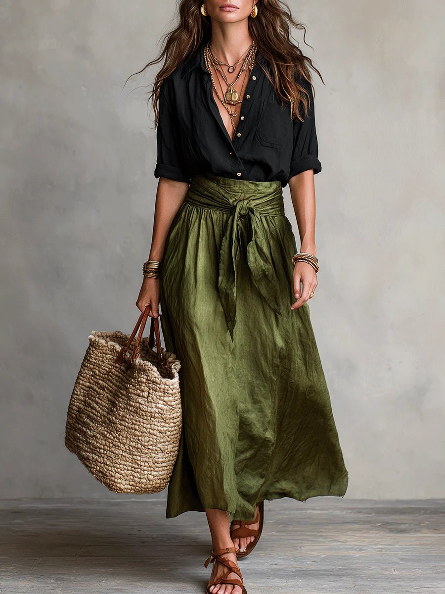 Two Piece Set Button-Up Shirt High Waist Midi Skirt - Schwarz Grün