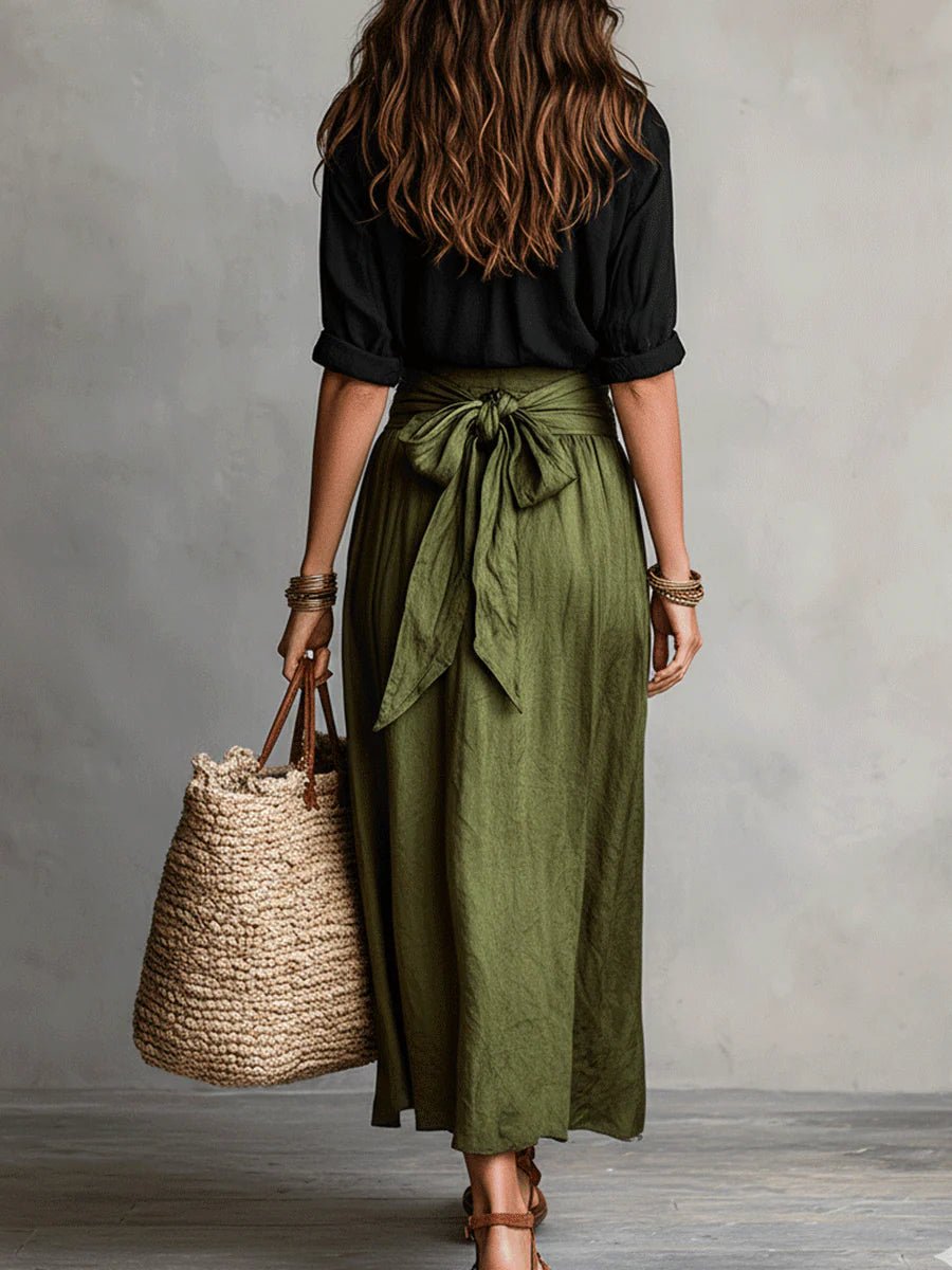 Two Piece Set Button-Up Shirt High Waist Midi Skirt