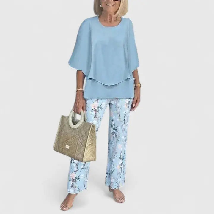 Two Piece Set Flowy Top Floral Print Trousers Casual - 06