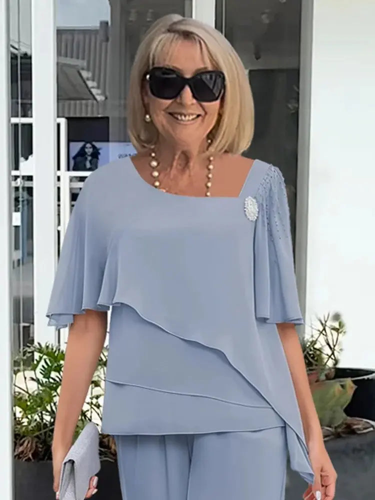 Two Piece Set Flutter Sleeve Top Wide Leg Trousers