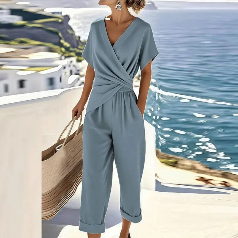 Two Piece Set Wrap Top Cropped Trousers Relaxed Fit - Blue