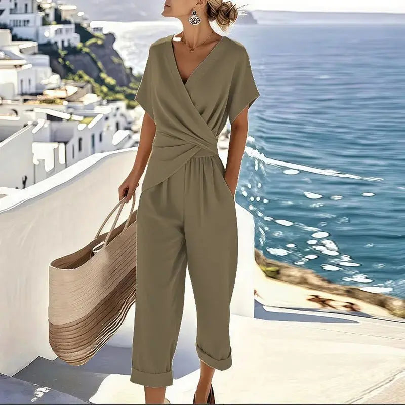 Two Piece Set Wrap Top Cropped Trousers Relaxed Fit - Khaki