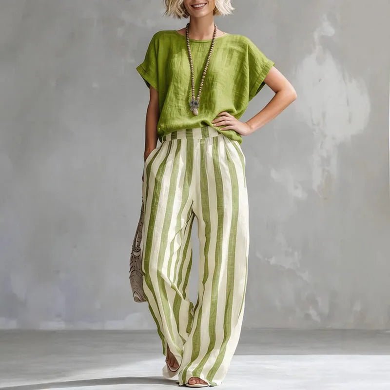 Two Piece Striped Linen Set Wide Leg Summer - Green