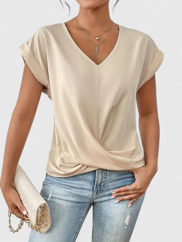 V-Neck Twist Front Top Short Sleeve Casual - Beige