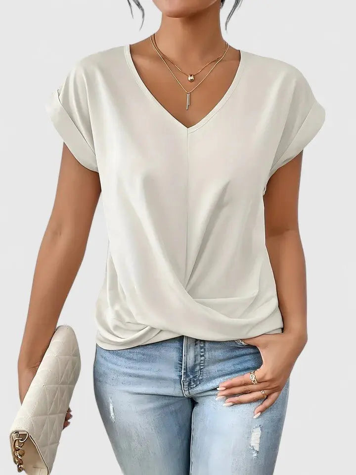 V-Neck Twist Front Top Short Sleeve Casual - White